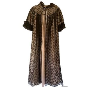 Vtg 50’s Black & Pink Floral Tulle & Lace Dressing Gown Lined Puff Sleeves S/M?